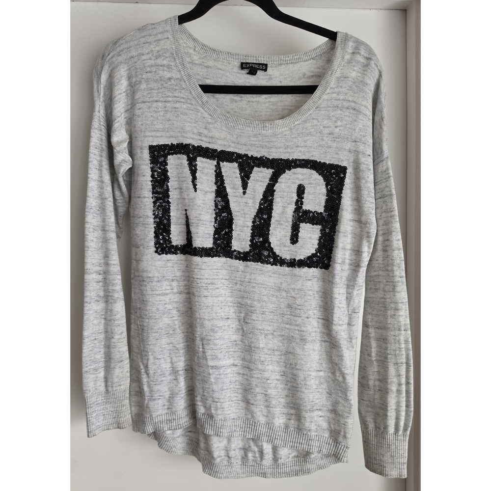Express Women's Pullover Sweater Size S Long Sleeve Gray Cotton Knit NYC Sequins
